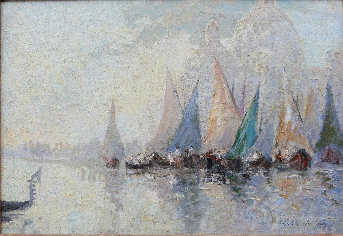 Guérin Le Guay Oil On Canvas View Of Venice Sailboats Marine -photo-2