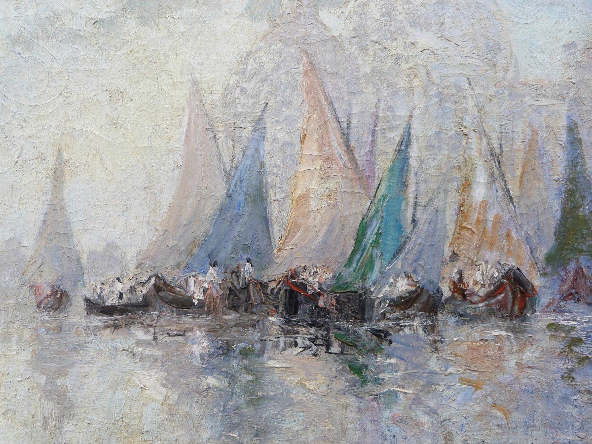 Guérin Le Guay Oil On Canvas View Of Venice Sailboats Marine -photo-1