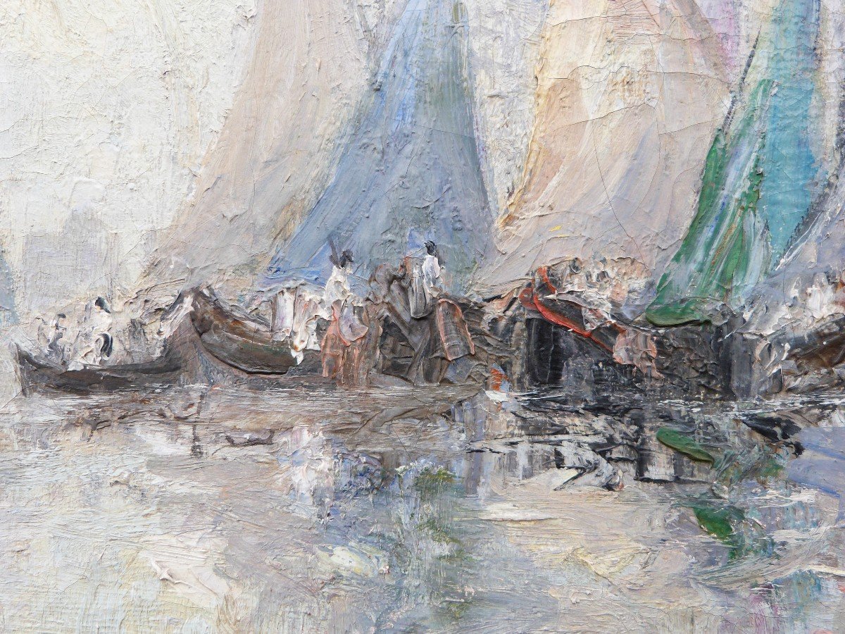 Guérin Le Guay Oil On Canvas View Of Venice Sailboats Marine -photo-2