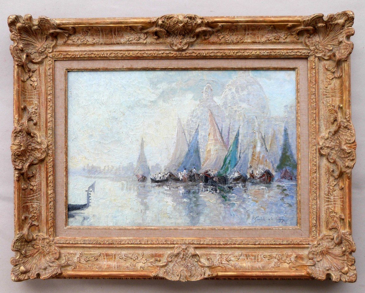 Guérin Le Guay Oil On Canvas View Of Venice Sailboats Marine 