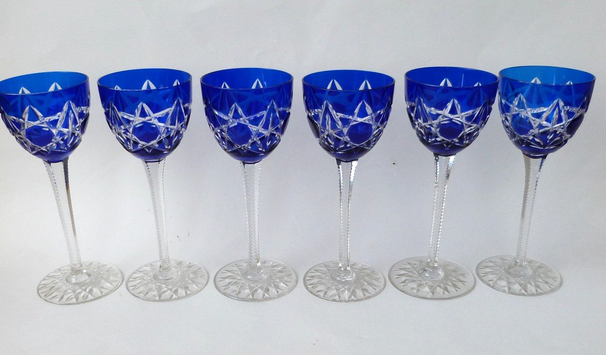 Baccarat 6 Rhine Wine Roemer Glasses Cobalt Blue Lined Crystal-photo-2