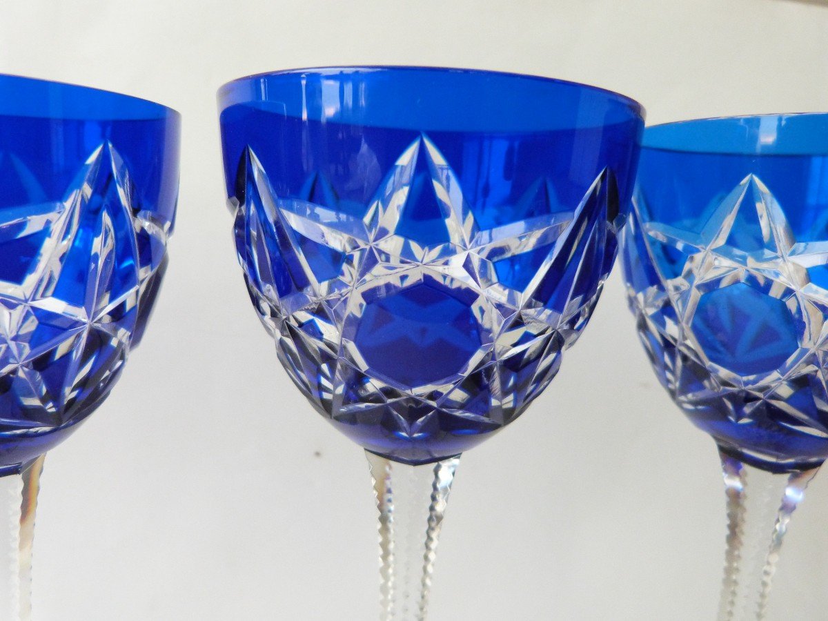 Baccarat 6 Rhine Wine Roemer Glasses Cobalt Blue Lined Crystal-photo-3