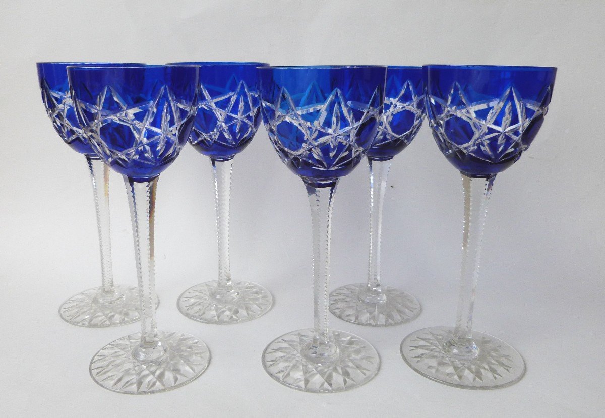 Baccarat 6 Rhine Wine Roemer Glasses Cobalt Blue Lined Crystal-photo-1