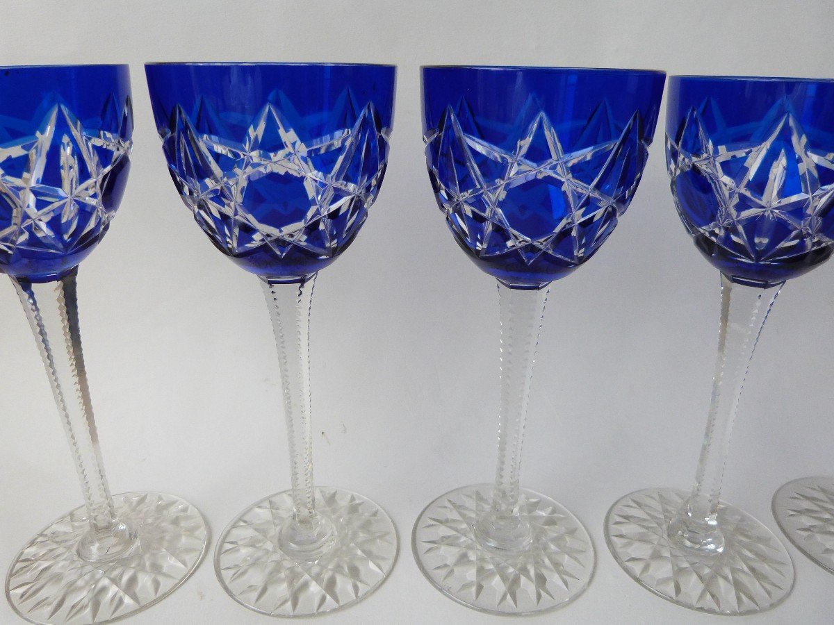 Baccarat 6 Rhine Wine Roemer Glasses Cobalt Blue Lined Crystal-photo-2