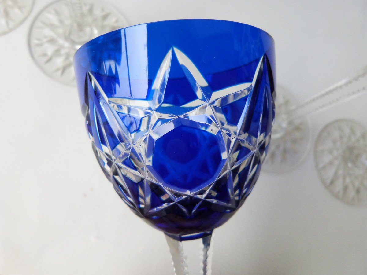 Baccarat 6 Rhine Wine Roemer Glasses Cobalt Blue Lined Crystal-photo-3