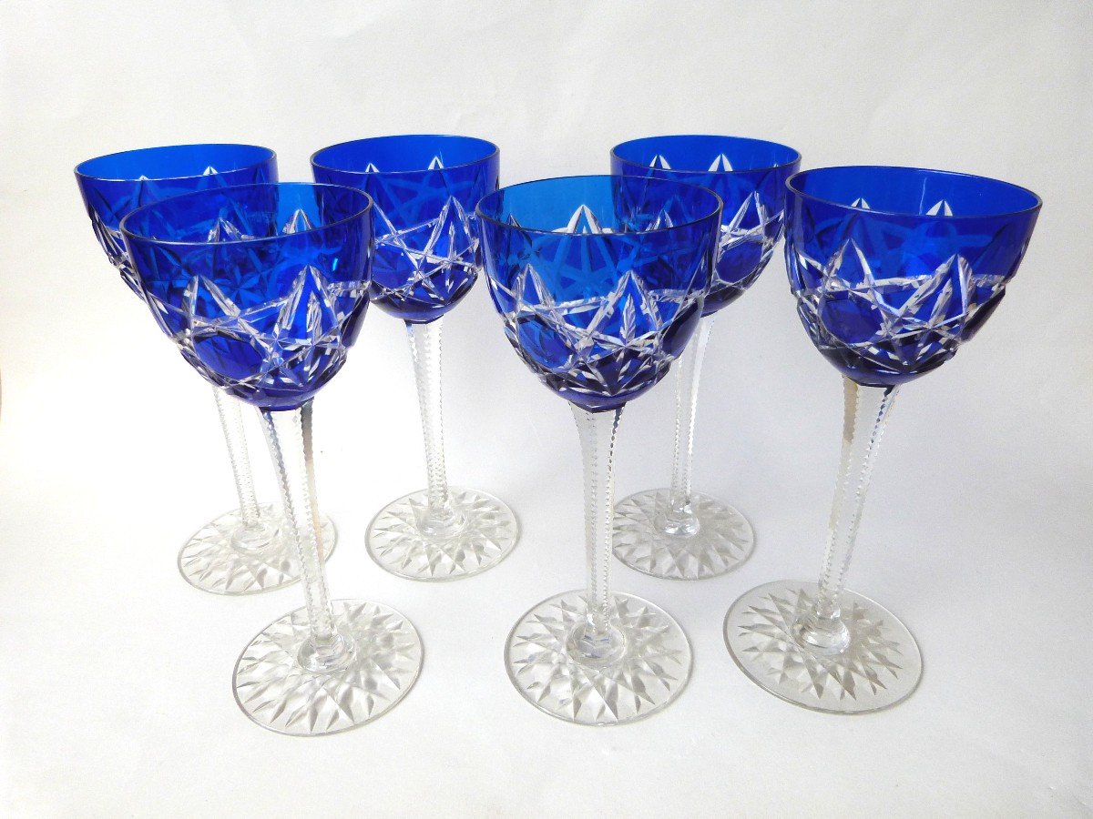 Baccarat 6 Rhine Wine Roemer Glasses Cobalt Blue Lined Crystal