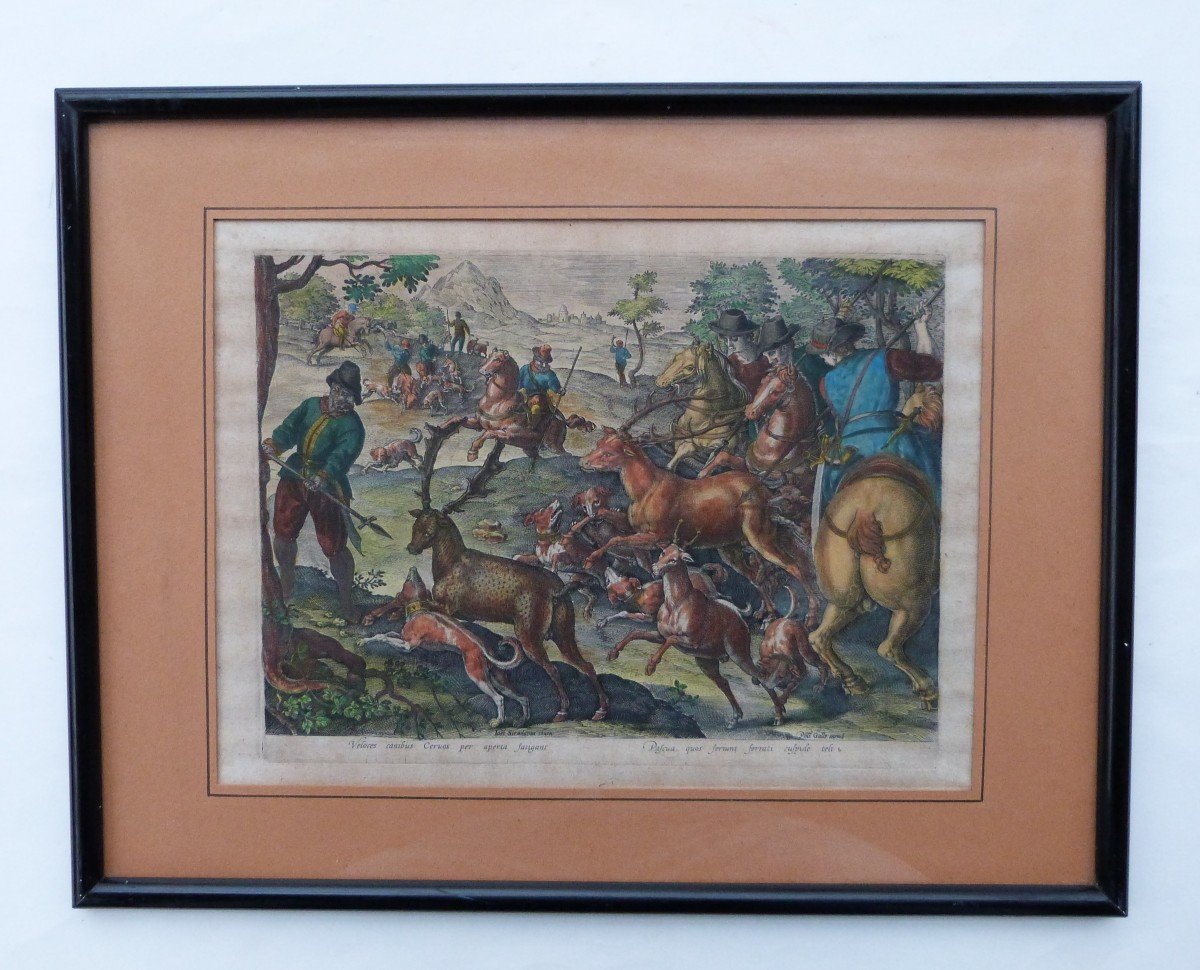 Jan Van Der Straet - Philip Galle  Gravure XVIeme Scène De Chasse rare 1er état -photo-2