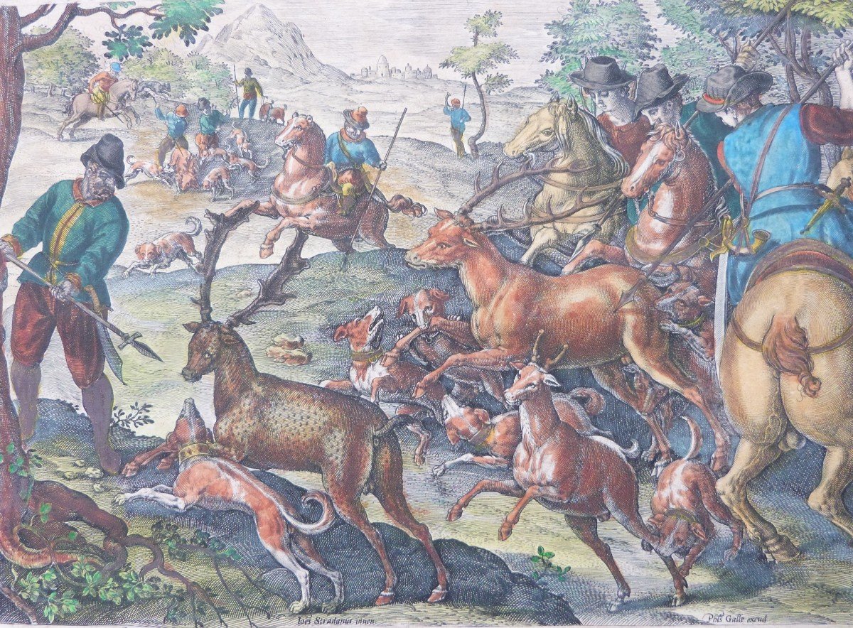 Jan Van Der Straet - Philip Galle  Gravure XVIeme Scène De Chasse rare 1er état -photo-3