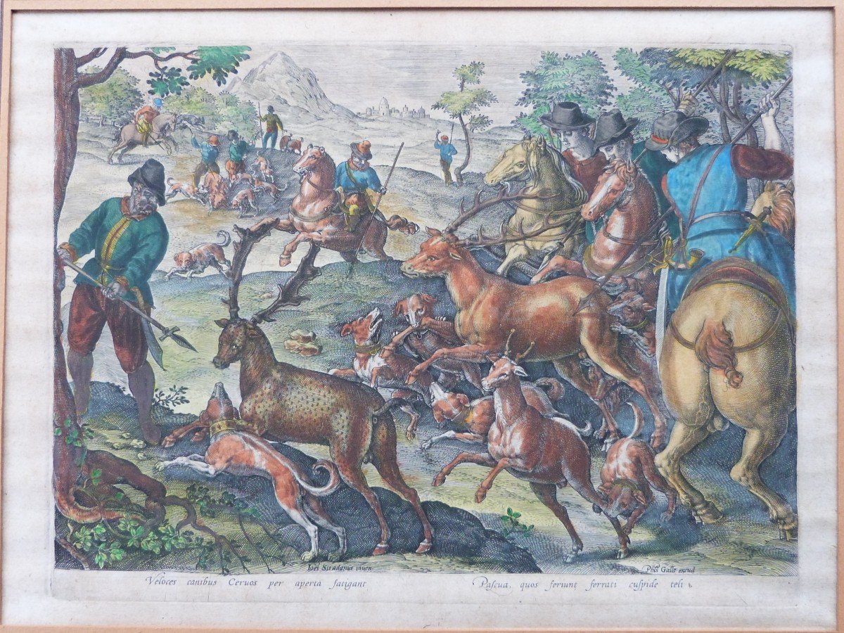 Jan Van Der Straet - Philip Galle  Gravure XVIeme Scène De Chasse rare 1er état 