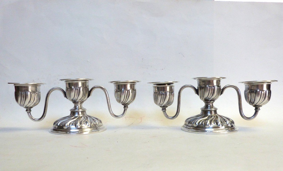 Pair Of Silver Metal End Table Candlesticks -photo-2