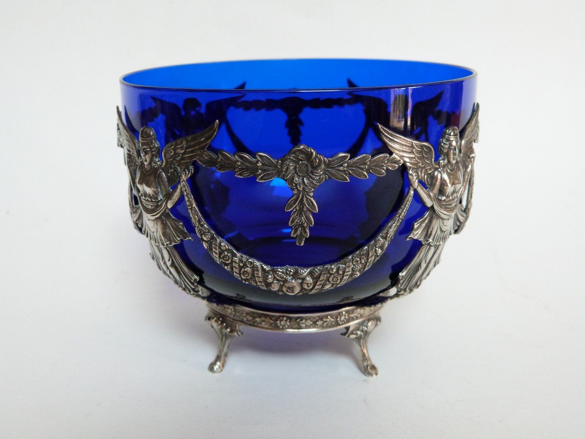 Sterling Silver And Cobalt Blue Crystal Antique Woman's Empire Winged Cup-photo-2