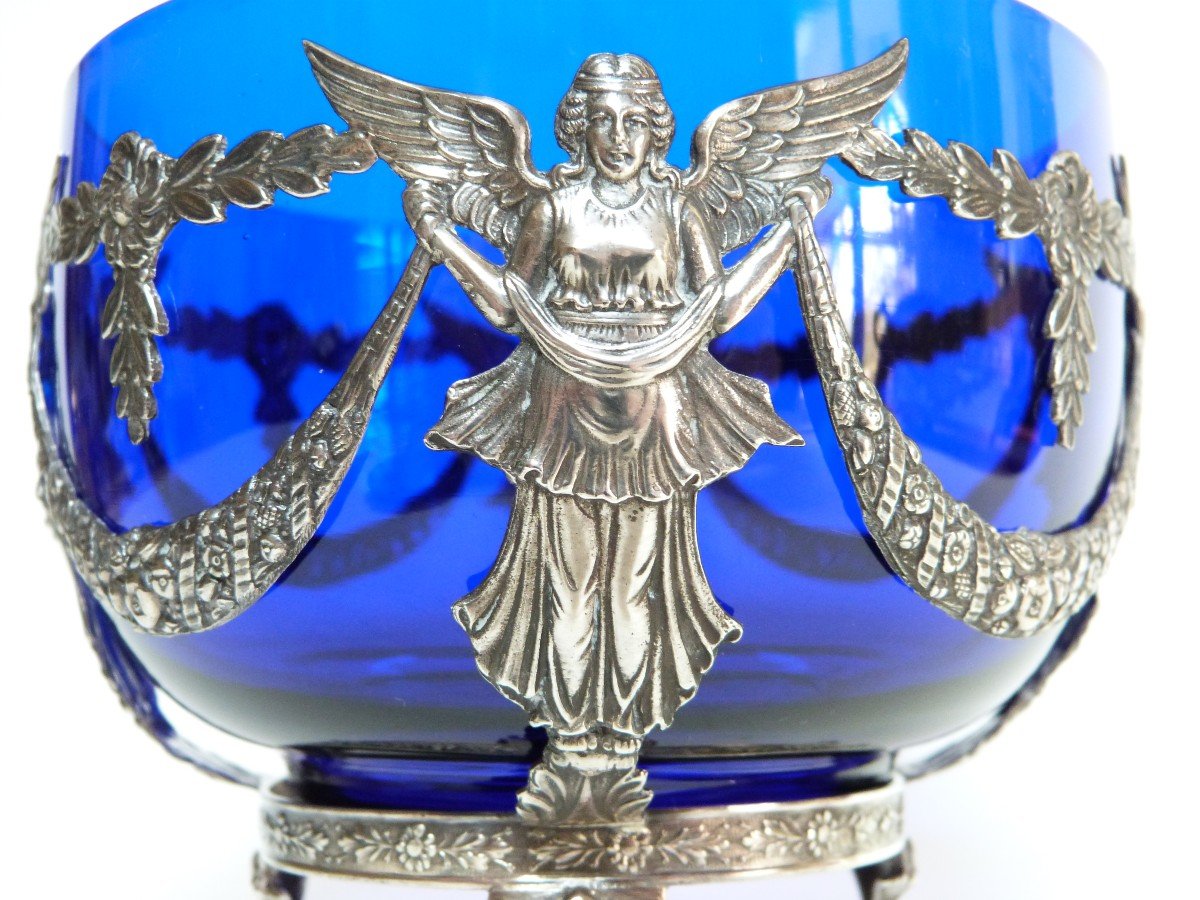 Sterling Silver And Cobalt Blue Crystal Antique Woman's Empire Winged Cup-photo-3