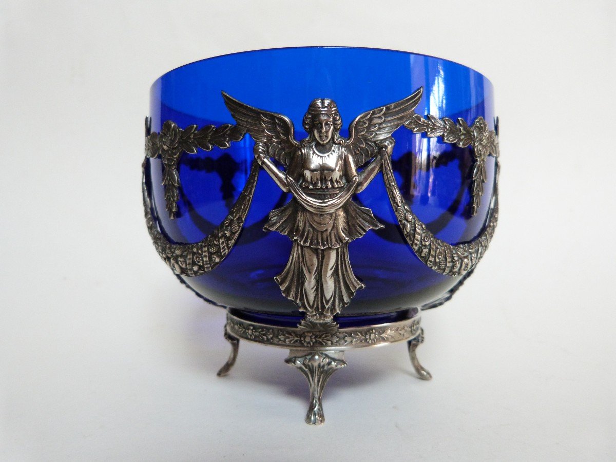 Sterling Silver And Cobalt Blue Crystal Antique Woman's Empire Winged Cup-photo-4