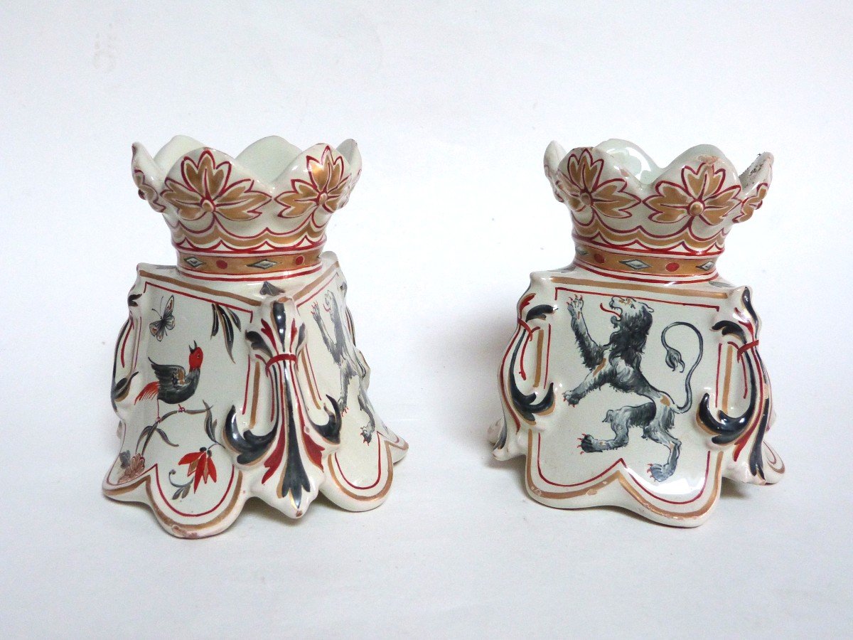 Emile Gallé Rare Paire De Vases En Faïence Décor Héraldique 