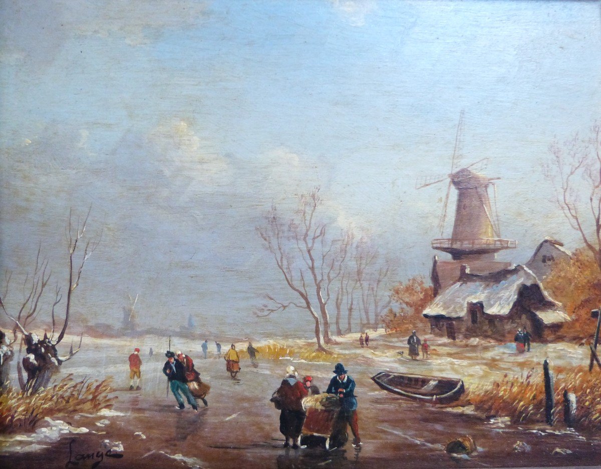 Lange Winter Landscape Dutch School Oil On Panel Gilded Frame -photo-2