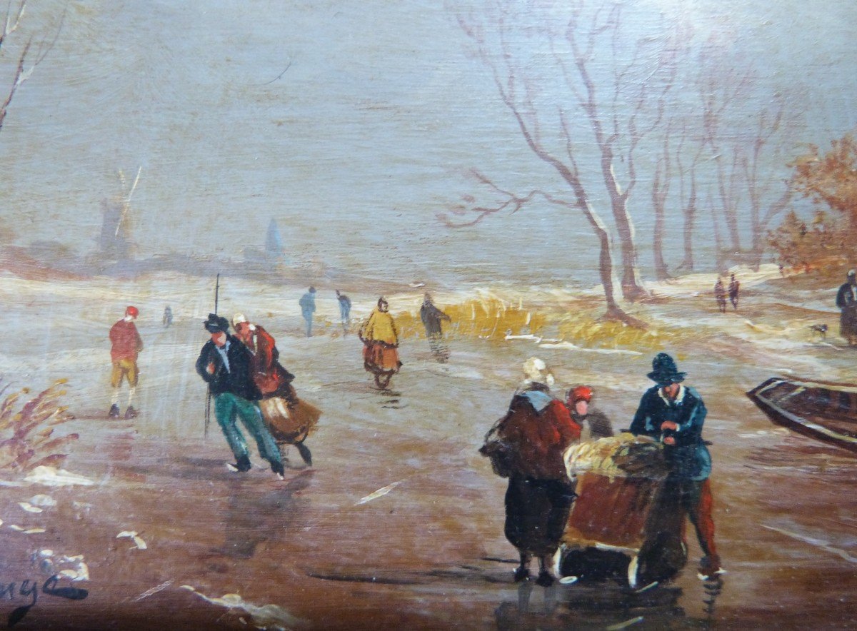 Lange Winter Landscape Dutch School Oil On Panel Gilded Frame -photo-3