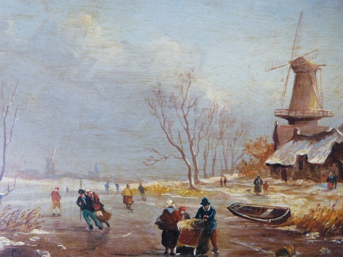 Lange Winter Landscape Dutch School Oil On Panel Gilded Frame -photo-3