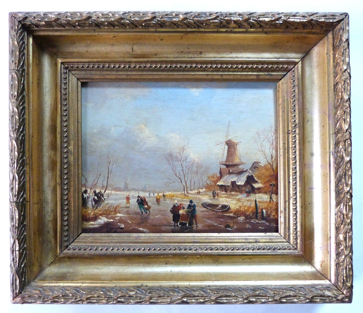 Lange Winter Landscape Dutch School Oil On Panel Gilded Frame 