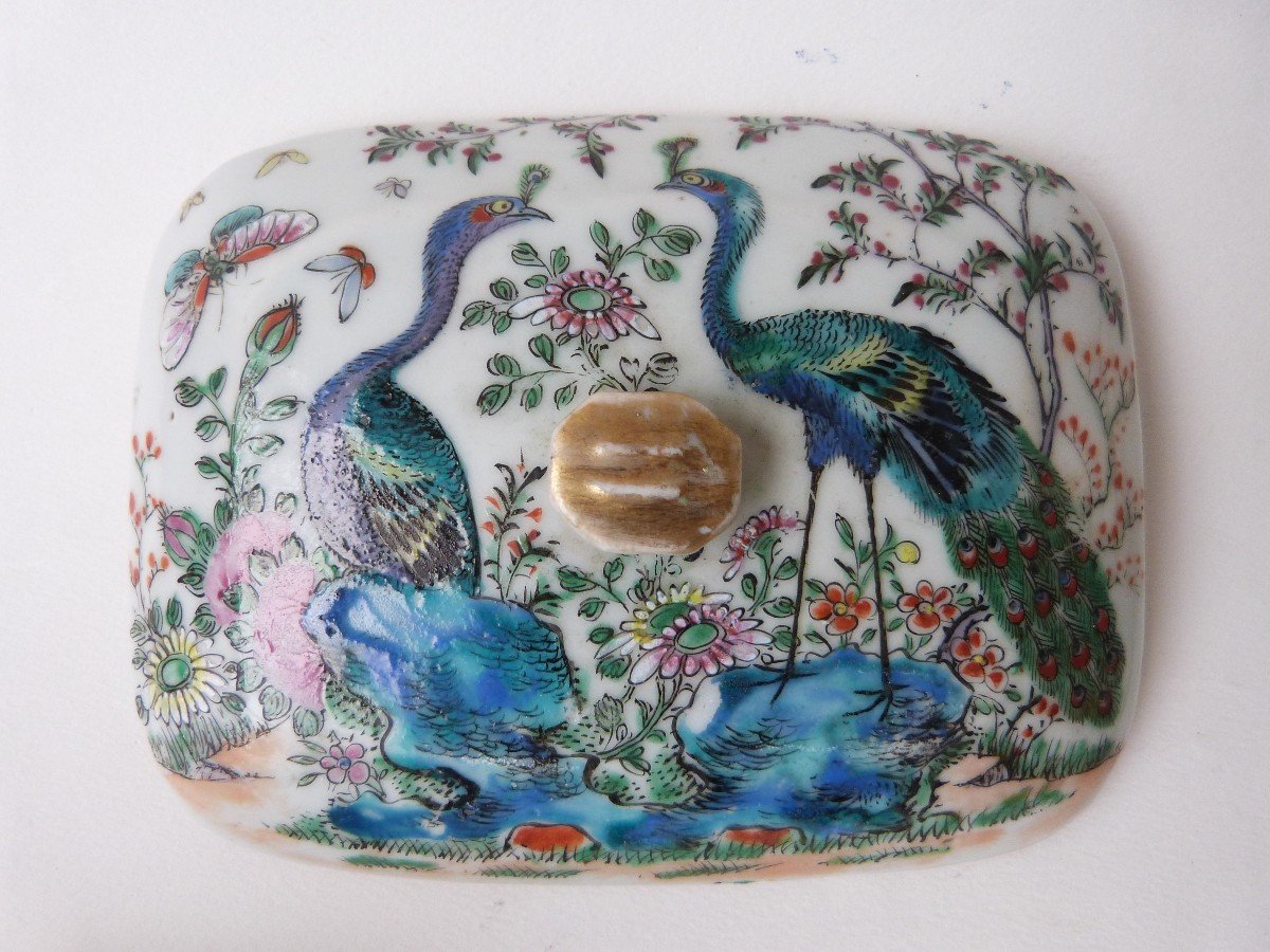 Boite à Savon En Porcelaine De Canton Chine XIXeme Rare Décor Coqs Et Paons -photo-8