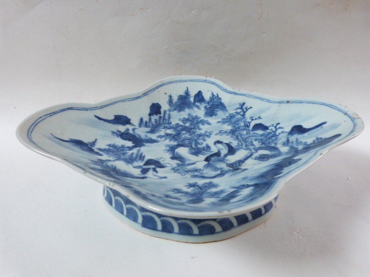 Coupe Sur Pied En Porcelaine De Chine XIXeme Décor Blanc Bleu -photo-2