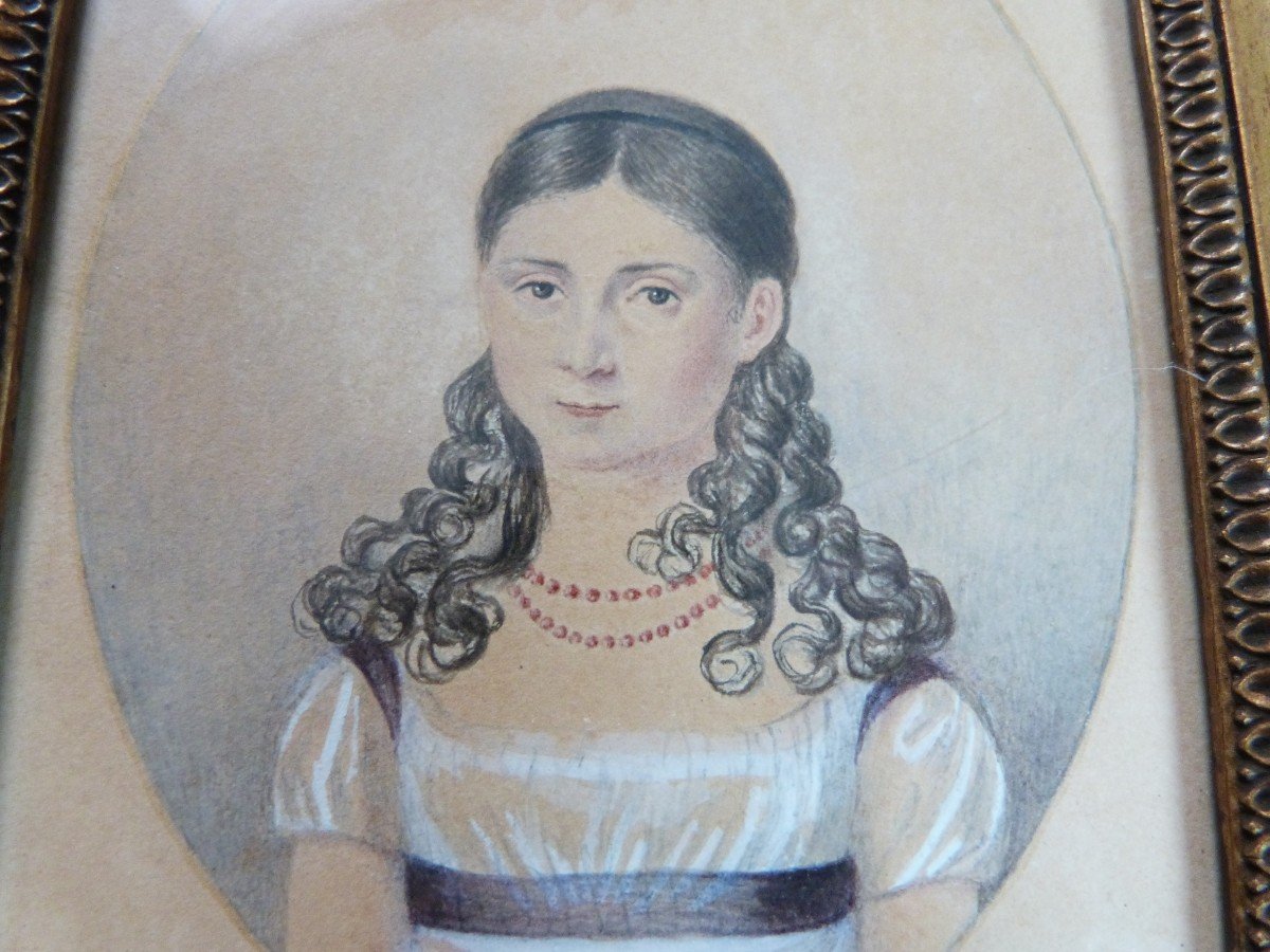 Miniature Drawing Portrait From The 19th Century Empire Period Gilded Frame-photo-3