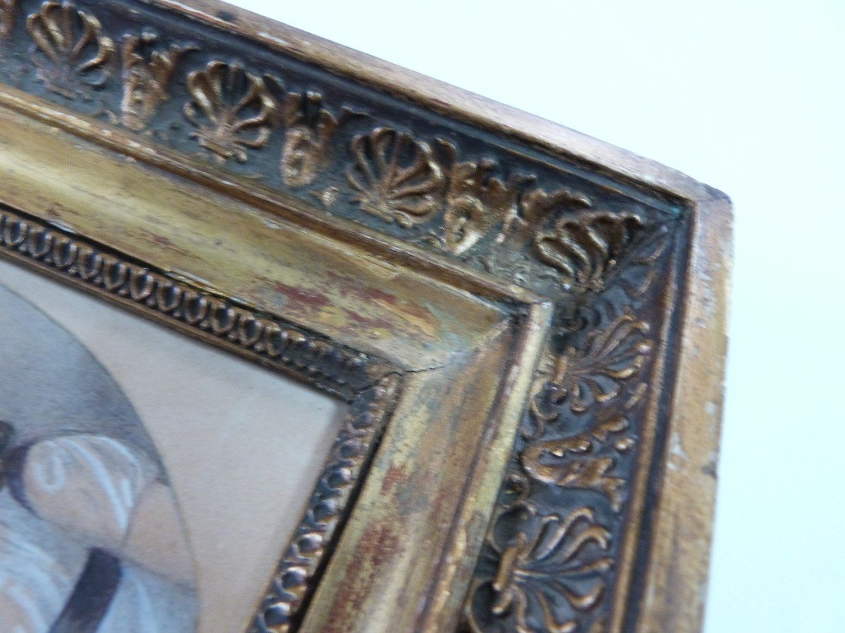 Miniature Drawing Portrait From The 19th Century Empire Period Gilded Frame-photo-4