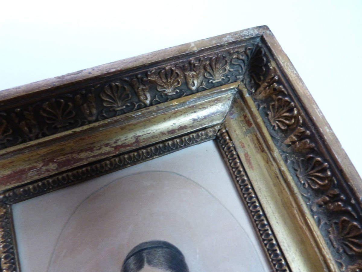 Miniature Drawing Portrait From The 19th Century Empire Period Gilded Frame-photo-1