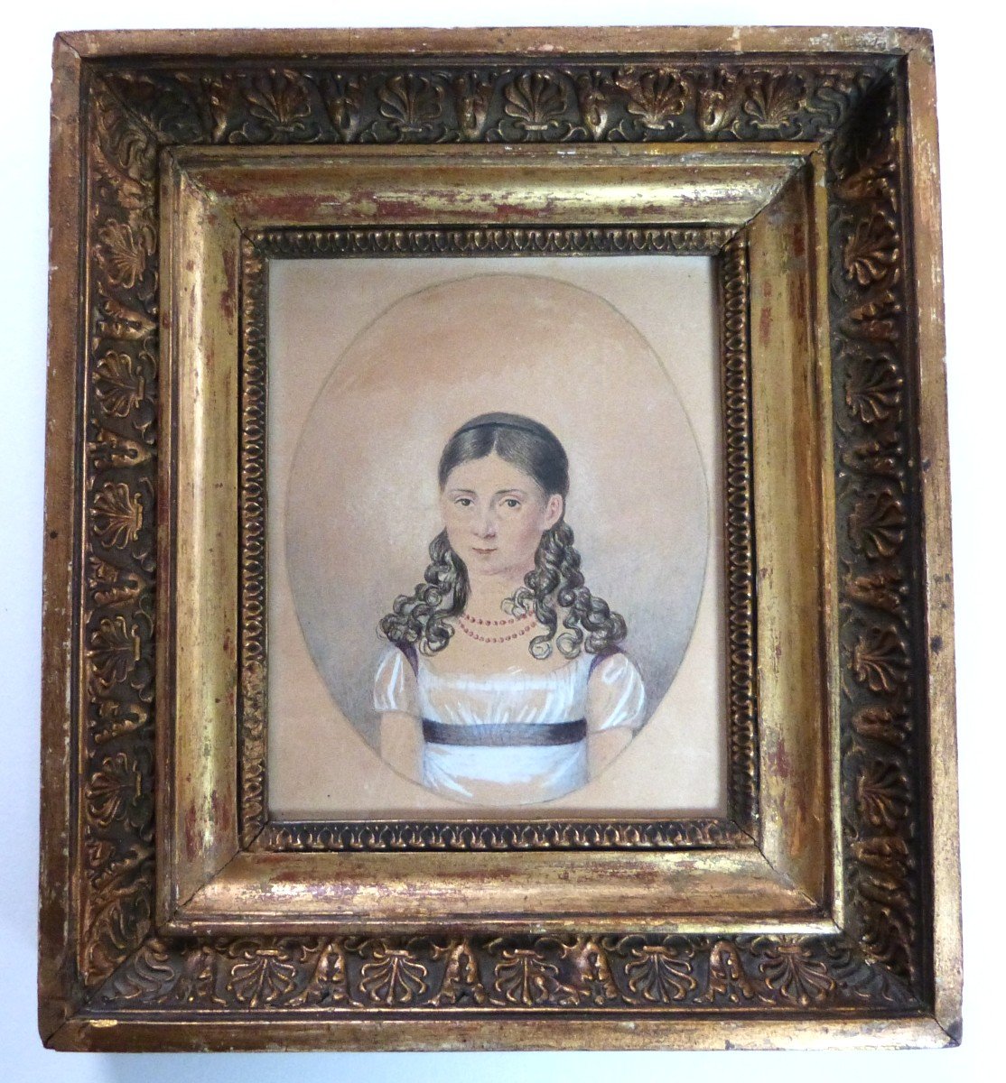 Dessin Miniature Portrait d'époque Empire XIXeme Cadre d'époque Doré