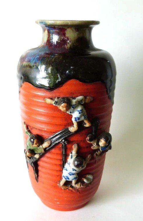 Vase Sumidagawa Japon Meiji Enfants Céramique Banko Ware Stoneware