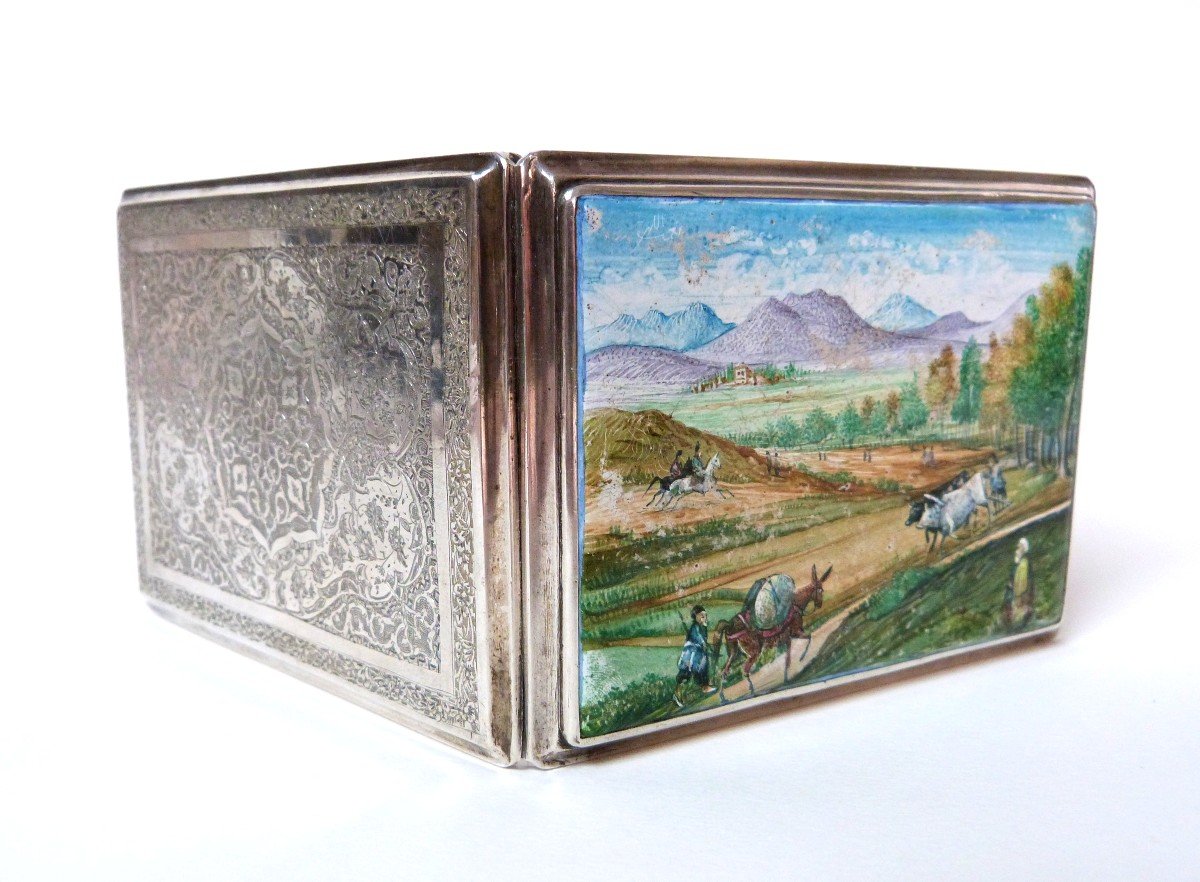 Etui Porte Cigarettes Argent Massif Décor Peint émaillé miniature Perse Iran XXeme 