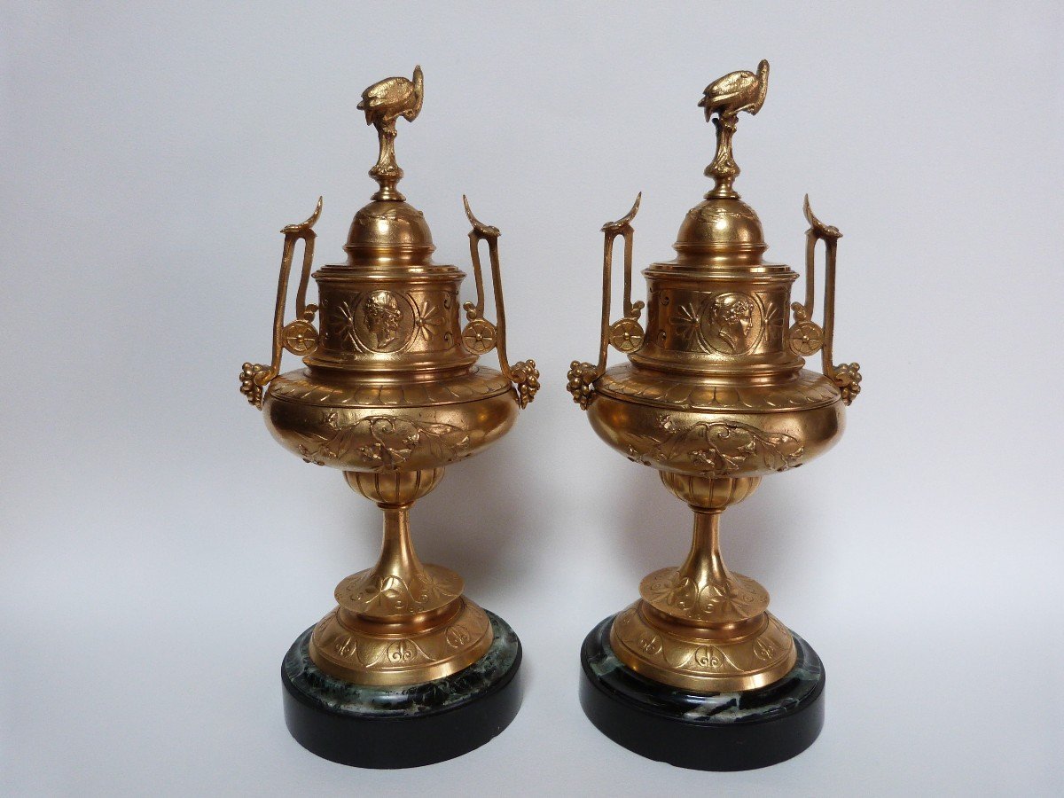 Pair Of Gilt Bronze Cassolettes And Marble Bases, Napoleon III Period-photo-2