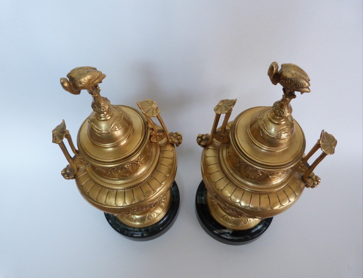 Pair Of Gilt Bronze Cassolettes And Marble Bases, Napoleon III Period-photo-1