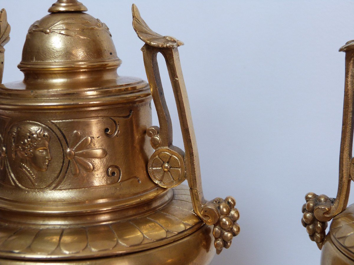 Pair Of Gilt Bronze Cassolettes And Marble Bases, Napoleon III Period-photo-3