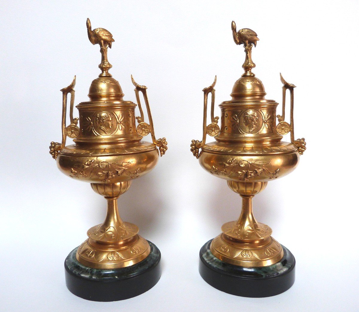 Pair Of Gilt Bronze Cassolettes And Marble Bases, Napoleon III Period