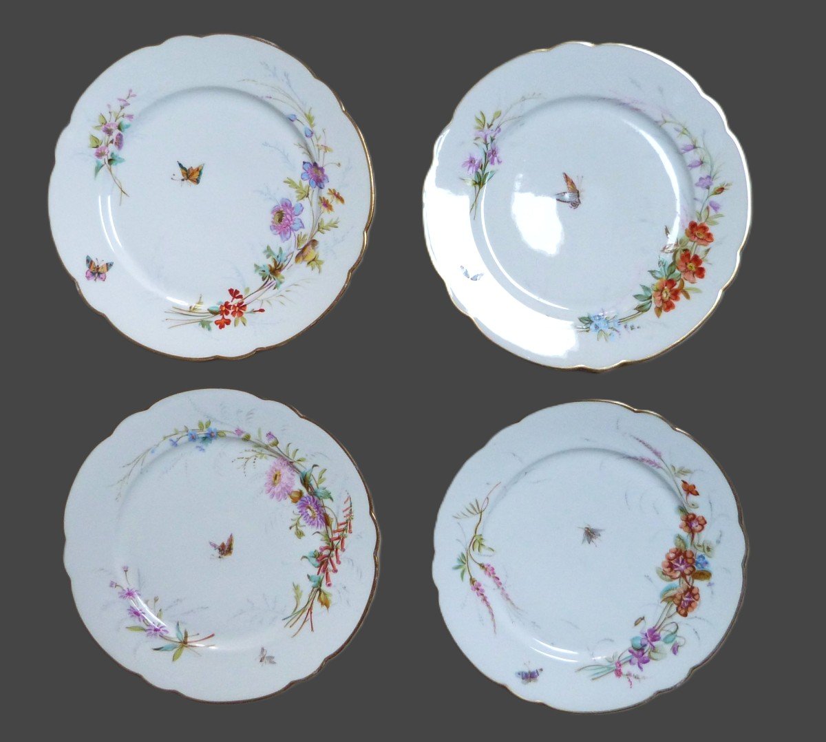 Set Of 12 Chanut Paris Porcelain Plates, 19th Century, Painted Flowers And Insects Decor-photo-3