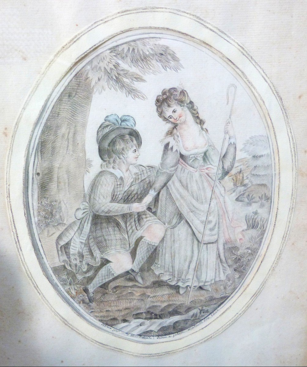 Dessin Scène Galante Champêtre Cadre d'Origine Et d'époque Fin XVIIIeme Curiosa-photo-2