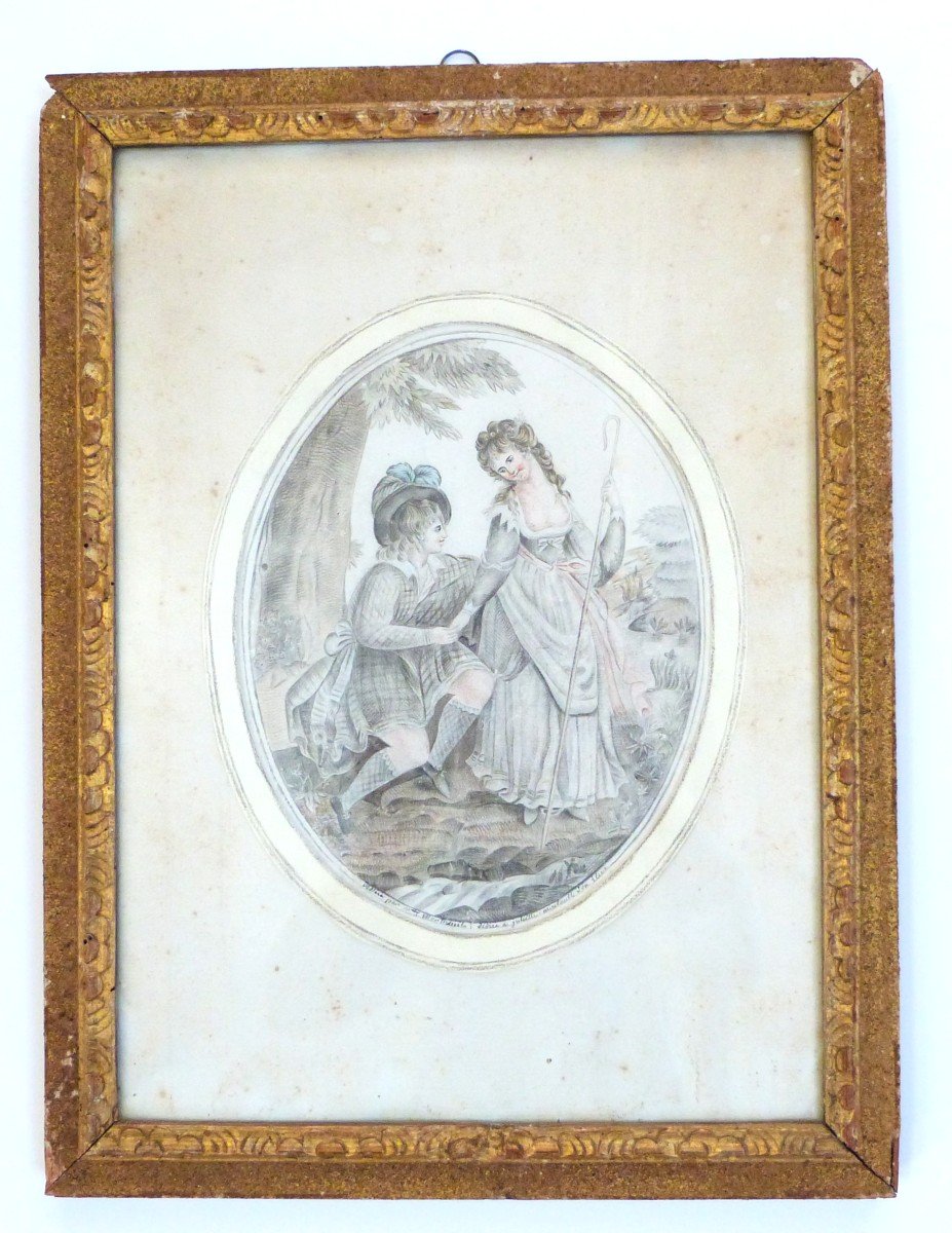 Dessin Scène Galante Champêtre Cadre d'Origine Et d'époque Fin XVIIIeme Curiosa-photo-3