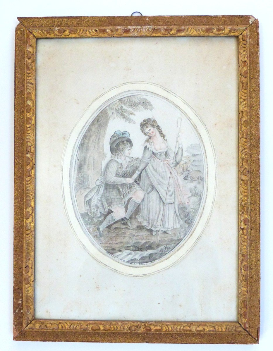 Drawing Of A Gallant Country Scene In Original And Period Frame From The End Of The 18th Century Curiosa