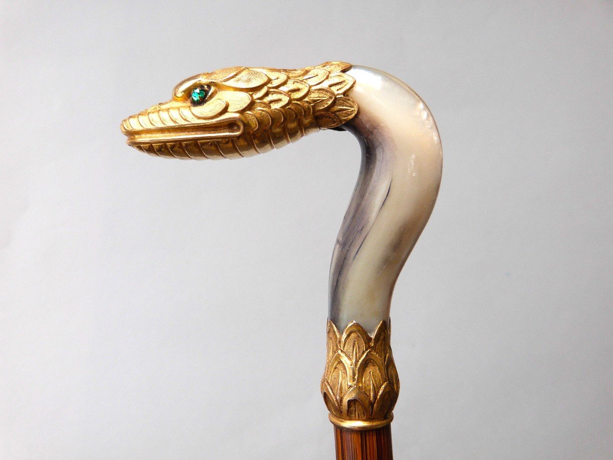 Dandy Cane With Pomponne Snake Mother-of-pearl And Palm Wood End Of The 19th Century -photo-2