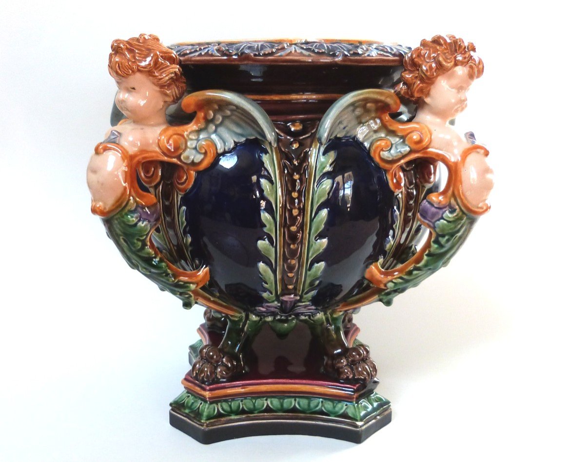 Hugo Lonitz Jardinière Cache Pot In Barbotine Germany 19th Century Renaissance Decor Cherubs -photo-3