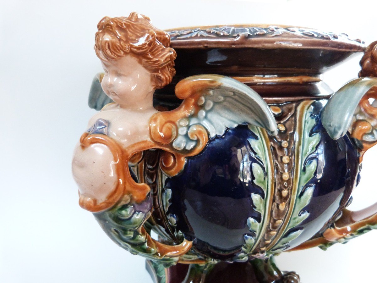 Hugo Lonitz Jardinière Cache Pot In Barbotine Germany 19th Century Renaissance Decor Cherubs -photo-1