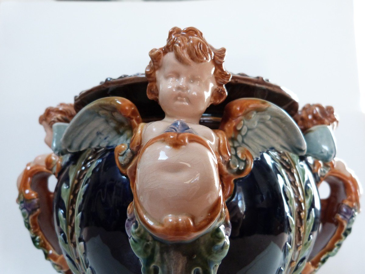 Hugo Lonitz Jardinière Cache Pot In Barbotine Germany 19th Century Renaissance Decor Cherubs -photo-3