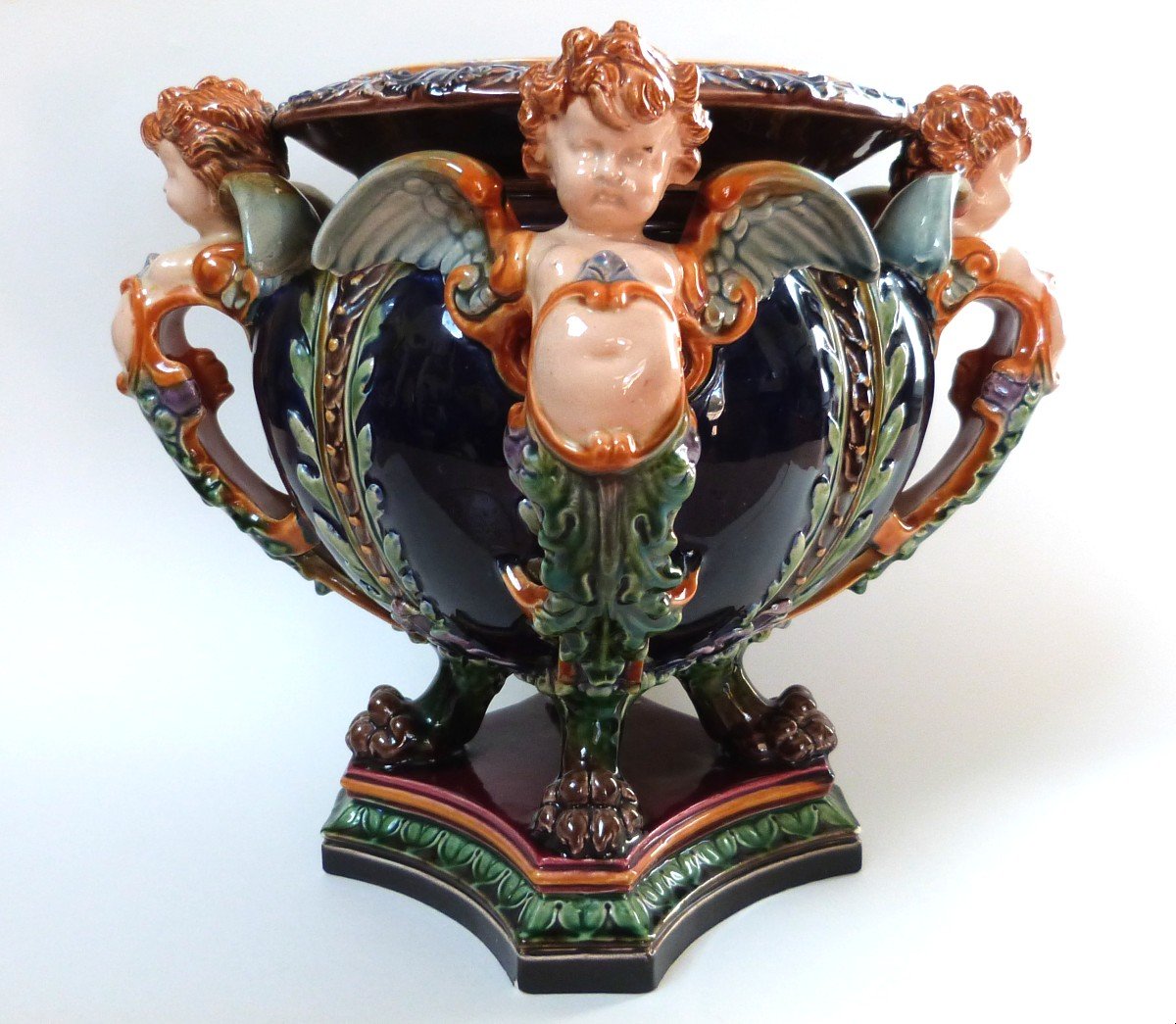 Hugo Lonitz Jardinière Cache Pot In Barbotine Germany 19th Century Renaissance Decor Cherubs 