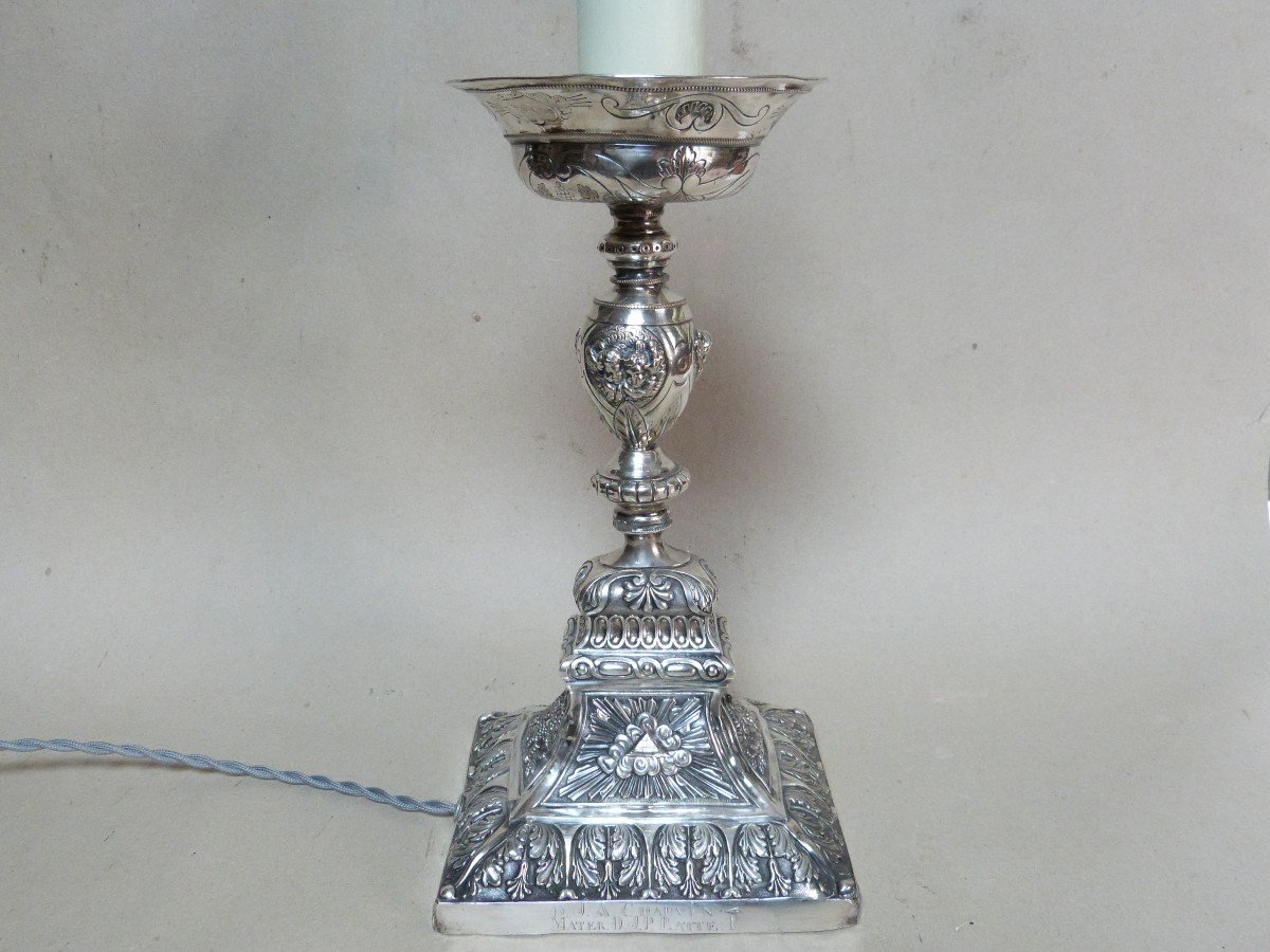 Solid Silver Candlestick Mounted As A Lamp, Restoration Period, 19th Century, Cherub Decor -photo-2