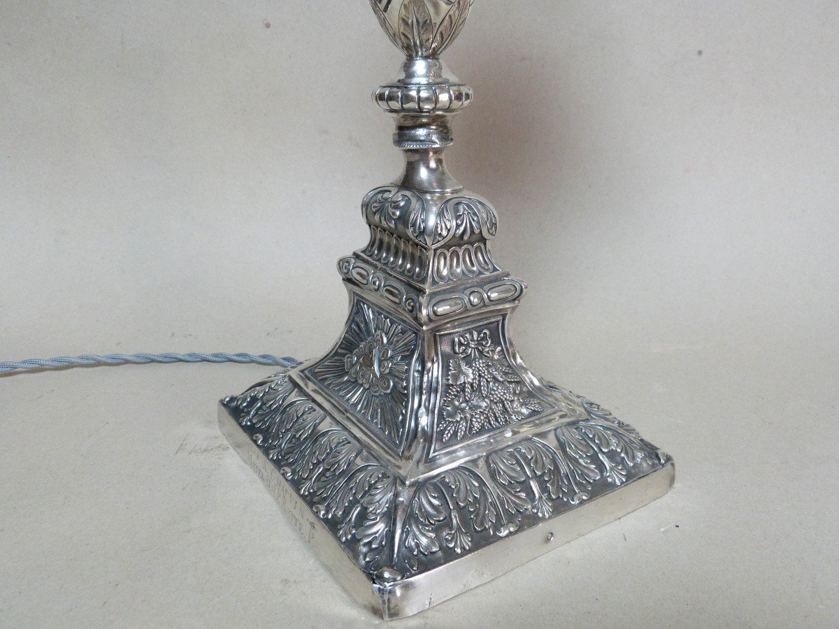 Solid Silver Candlestick Mounted As A Lamp, Restoration Period, 19th Century, Cherub Decor -photo-3