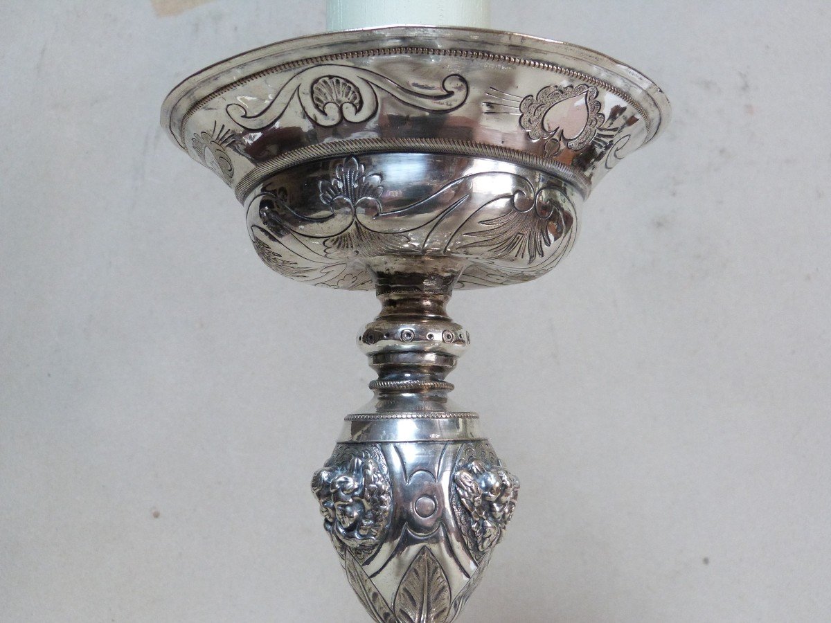 Solid Silver Candlestick Mounted As A Lamp, Restoration Period, 19th Century, Cherub Decor -photo-1