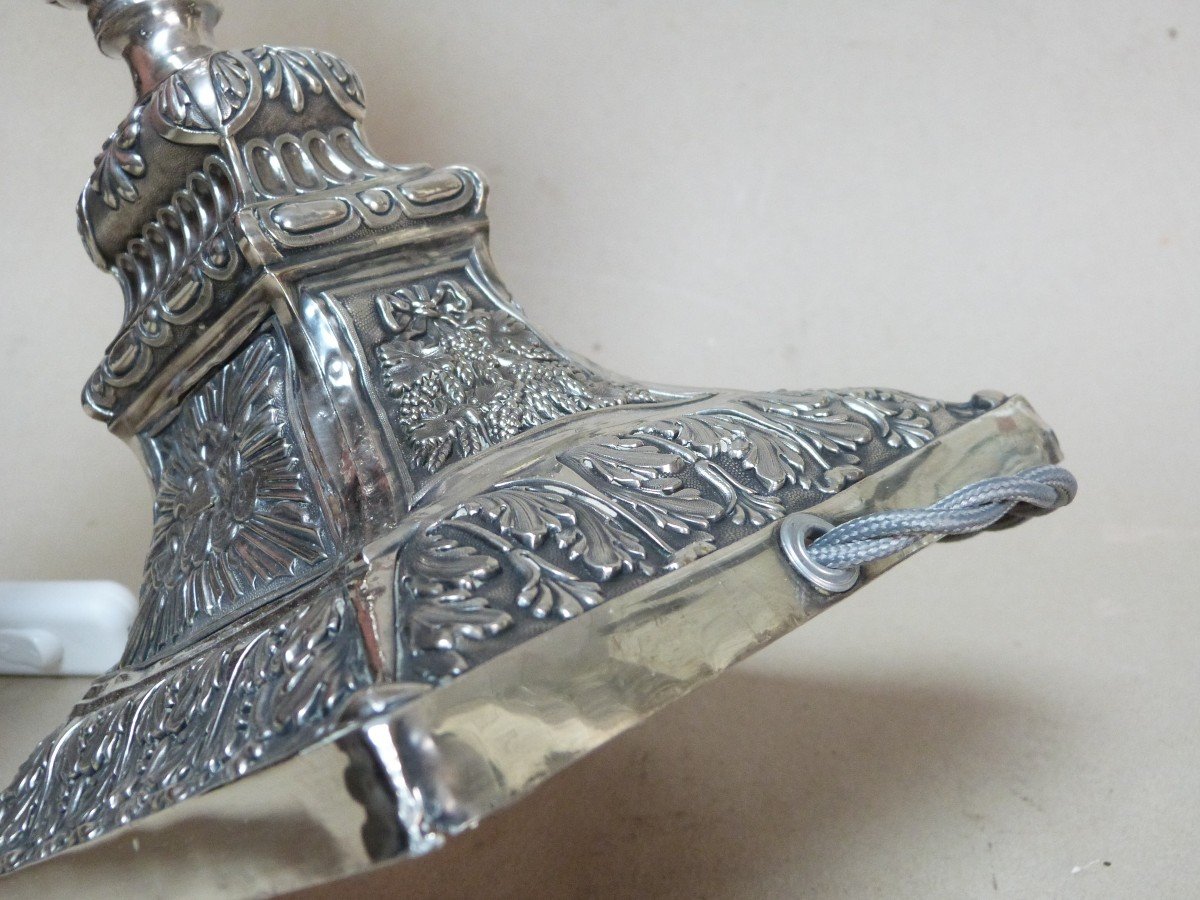 Solid Silver Candlestick Mounted As A Lamp, Restoration Period, 19th Century, Cherub Decor -photo-2