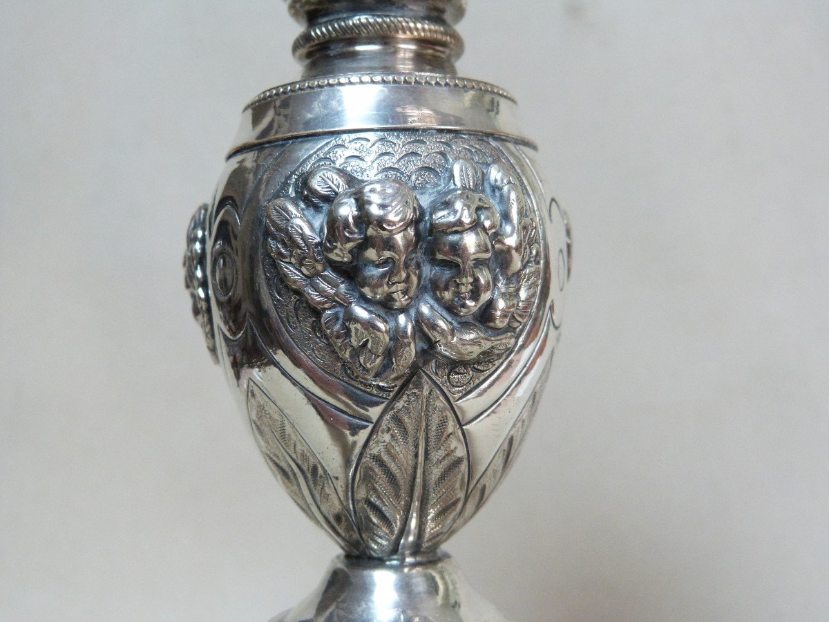 Solid Silver Candlestick Mounted As A Lamp, Restoration Period, 19th Century, Cherub Decor -photo-4