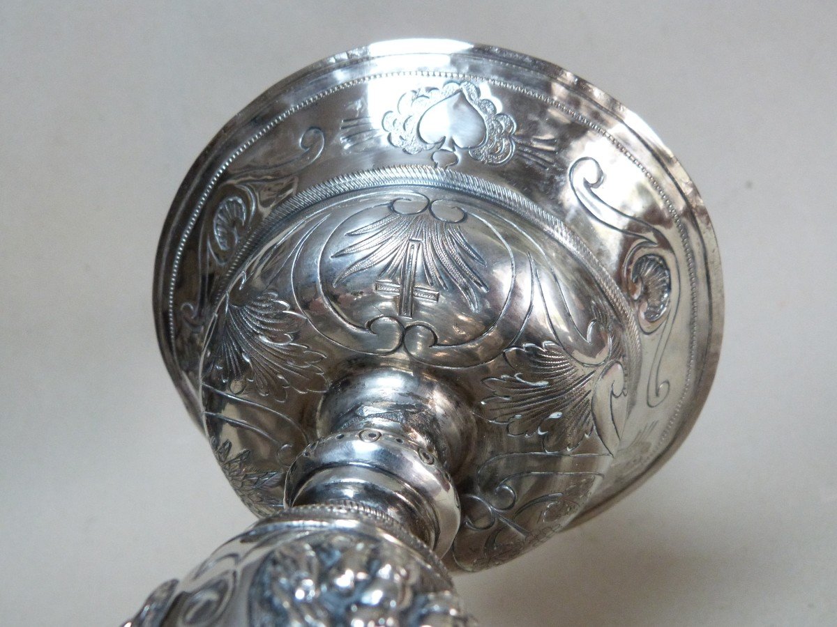 Solid Silver Candlestick Mounted As A Lamp, Restoration Period, 19th Century, Cherub Decor -photo-6