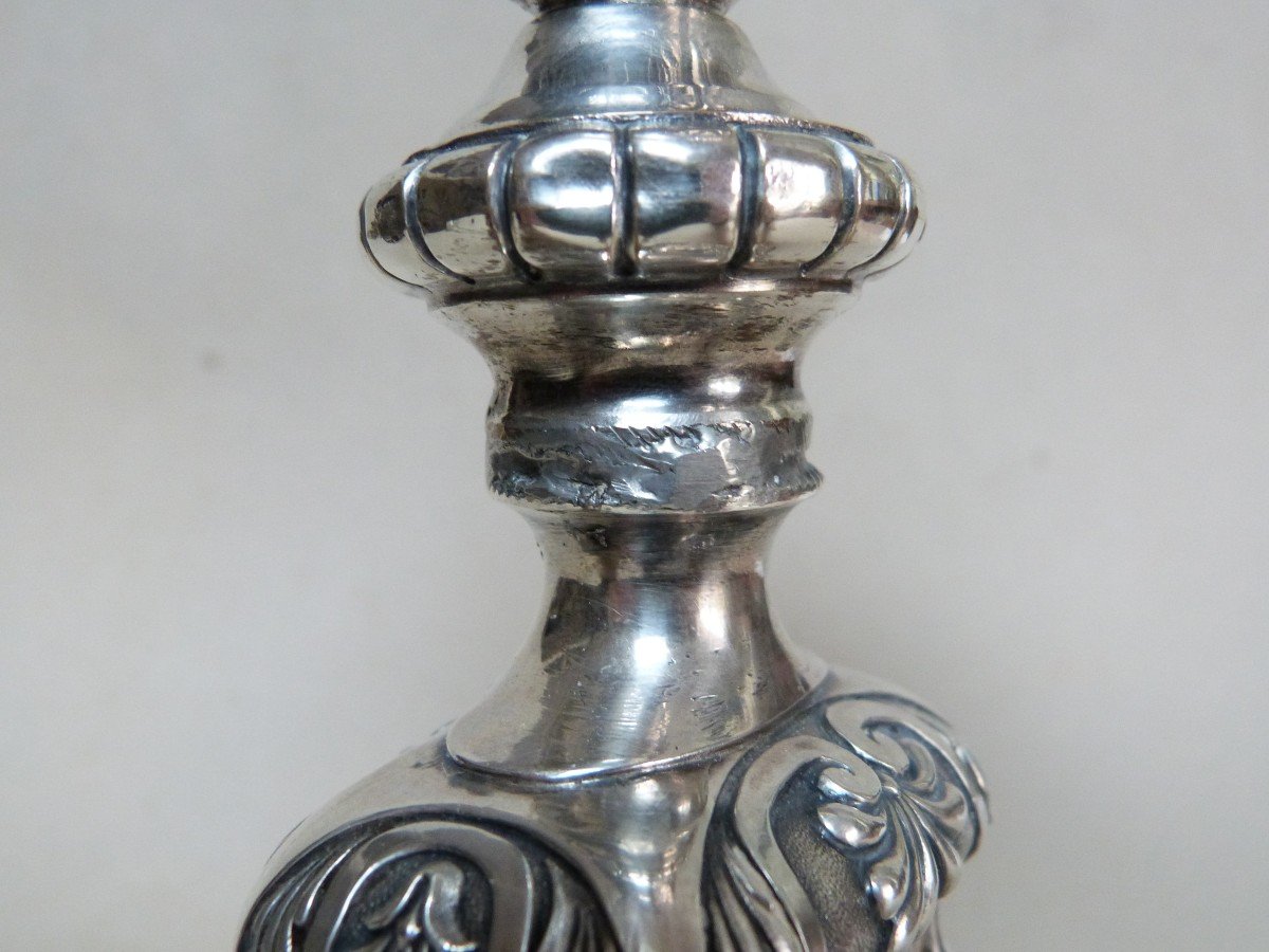 Solid Silver Candlestick Mounted As A Lamp, Restoration Period, 19th Century, Cherub Decor -photo-7